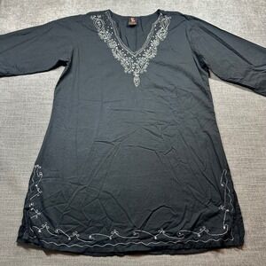Priya Tunic Women One Size Black Embroidered Sequin V-Neck Cotton‎ Boho